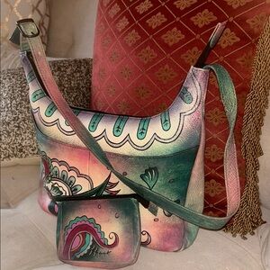 Anuschka Hand Painted  Leather Floral Paisley Asymmetric Purse and wallet